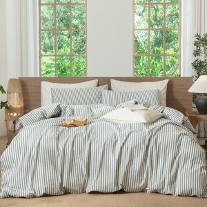 MooMee 100% Washed Cotton Duvet Cover Set – Heathered Green Stripes