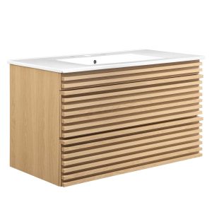 Modway Render 36” Wall-Mount Bathroom Vanity – Oak White (Parts Only)