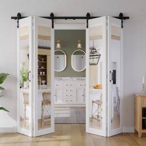 Bifold Barn Door 80x20x84 Inch Mirror Panel Sliding Door – White MDF