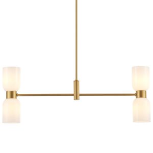 VANZARLA Modern Gold Linear Chandelier – 4-Light Kitchen Island Pendant with White Glass Shades