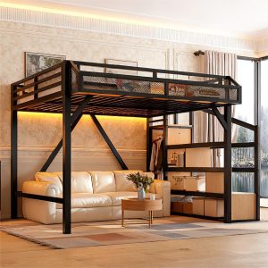 Bellemave Queen Loft Bed with Storage Stairs & Wardrobe – Metal Frame, USB & LED, Black/Natural
