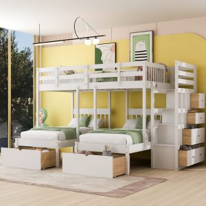 Ball & Cast Full Over Twin Triple Bunk Bed – Wood Frame with Drawers & Guardrails, White (Box 1 Only)