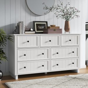 Farmhouse 7-Drawer White Dresser Chest – Wood Storage Cabinet with Metal Handles, Wide Modern Bedroom/TV Stand Dresser