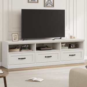 IDEALHOUSE 70" Mid Century TV Stand – Antique White Media Console with Storage & Shelves for Up to 80" TVs