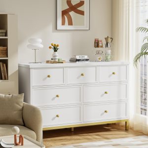 Pamapic 7-Drawer White Wooden Dresser – 47" Storage Organizer with Metal Handles for Bedroom, Entryway & Hallway (Missing Parts/Hardware)