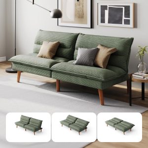 LINSY HOME Convertible Futon Sofa Bed – Corduroy Loveseat Sleeper with Adjustable Backrest, Green (1 Box Only)