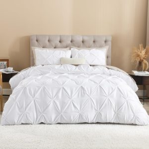 Litanika White Queen Pinch Pleat Duvet Cover Set – 3 Pieces Microfiber Bedding with Zipper & Corner Ties (90x90, 2 Pillowcases)