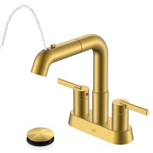 KENES Brushed Gold Pull-Down Bathroom Faucet – 2-Handle Centerset 3-Hole Vanity Faucet with Sprayer, Pop-Up Drain & Supply Lines (4 Inch, LJ-9059A-4)