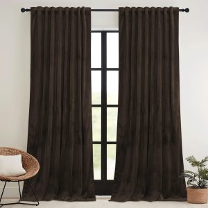 RYB HOME 84" Brown Velvet Blackout Curtains – 2-Panel Thermal Insulated Room Darkening Drapes with Hook Belt for Bedroom & Home Theater (W52xL84)