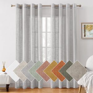 HOMEIDEAS 84" Light Grey Linen Textured Sheer Curtains – 2-Panel Farmhouse Semi-Sheer Window Drapes for Bedroom & Living Room (W52xL84)