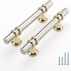 Leulan 5-Pack Brushed Nickel & Gold Cabinet Handles – 3" Two-Tone Drawer Pulls for Kitchen, Bathroom & Dresser Hardware (Zinc Alloy)