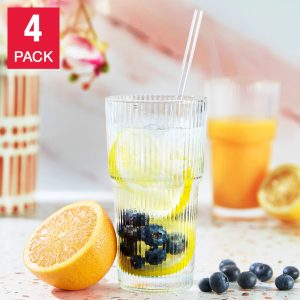 Mesa Ribbed 20 oz. Glass Cups with Lids and Straw, 4-pack