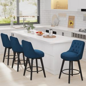 Counter Height Bar Stools Set of 2, 360° Swivel Upholstered Blue
