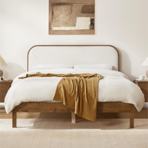 KISLOT Wood Bed Frame with Upholstered Boucle Headboard