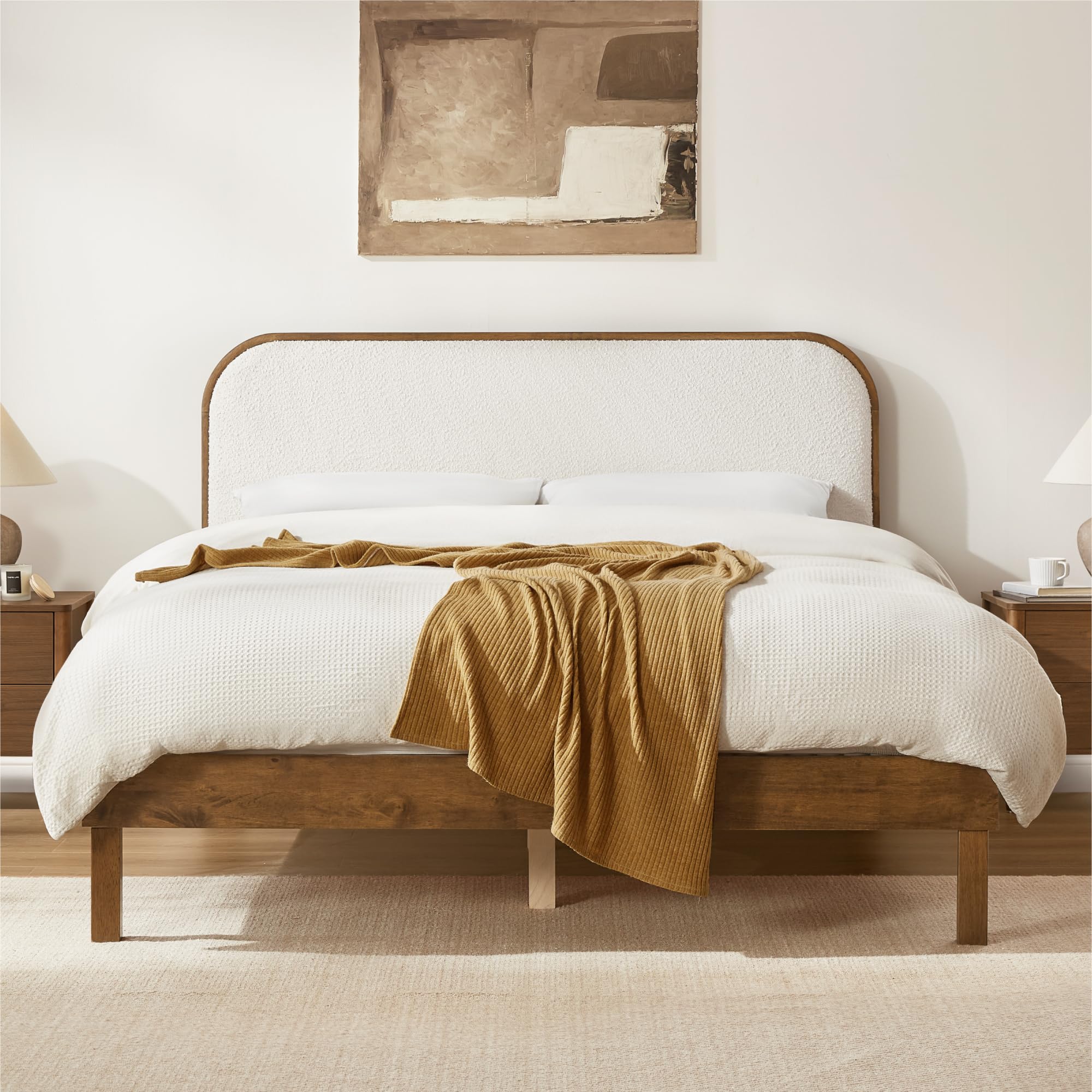 KISLOT Wood Bed Frame with Upholstered Boucle Headboard
