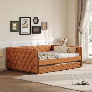 Merax Full XL Upholstered Daybed with Pop-Up Trundle – PU Leather Sofa Bed, Brown (Pickup Only)