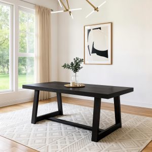 Plank+Beam 72" Farmhouse Solid Wood Dining Table – Rustic Black Wirebrush Finish, Rectangular Kitchen Table
