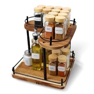 SAOCAIHUL Acacia Wood 2-Tier Rotating Spice Rack Organizer