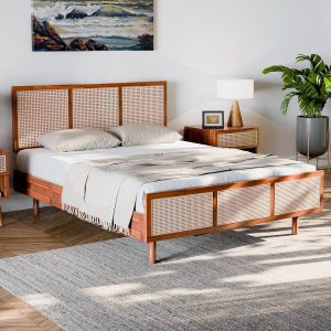 Bme Nancy Queen Bed Frame – Mid Century Modern Solid Acacia Wood with Geometric Headboard, Dark Chocolate