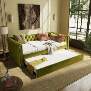 Merax Upholstered Velvet Daybed with Trundle, Green Sofa Bed