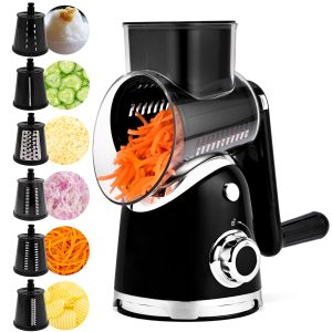 SUSTEAS Rotary Cheese Grater with 6 Blades Black